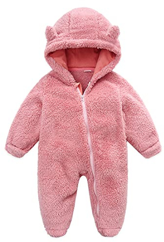 Unisex Infant Baby Snowsuit Cute Cartoon Bear Jumpsuit Fleece Romper Suits Thin Coat Outfit Suit for Newborn Baby Boy Girl Pink 0-3Months
