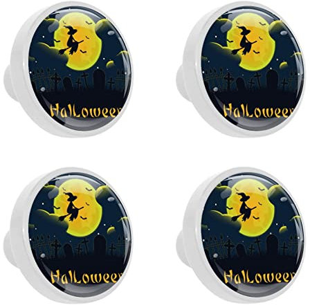 WALLDOR 4 Packs Halloween Witch Riding a Broom Crystal Glass Cabinet Knobs 4 Pcs Drawer Handles for Kitchen Cabinets Dresser Cupboard Wardrob