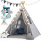Spielwerk® Tipi Infantil Tienda de Campaña Niños 3 Cojines 130x130x160cm 20 LED's Alfombra Carpa Juguete Gris