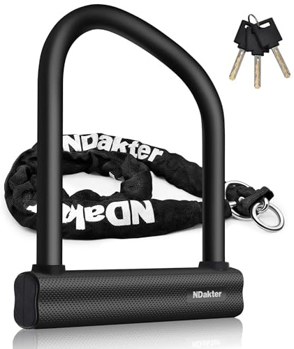 NDakter Bike Locks Heavy Duty Anti Theft 18mm Thick, Motorcycle U Lock with 4FT x 6mm Security Chain, 3Keys Large U-Shape Electric Bicycle Wheel Lock for Ebike, Escooter, Fat-Tire Dirt-Bike, Tricycle