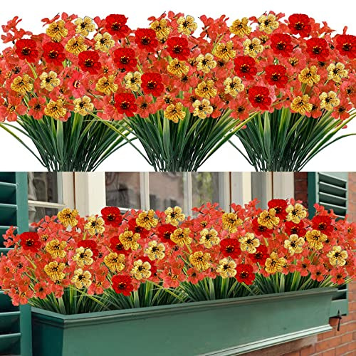Garlag 12 Bundles Outdoor Artificial Flowers Plants, Indoor Decorative Fake Flowers for Home Garden Wall Wedding Party, Fake Flowers for Outside Planter Window Box (Orange Yellow Red)