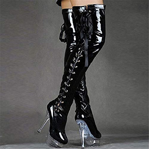 fikujap Mujer Botas sobre La Rodilla, 15 cm Sexy Elegante Charol Alto Estiramiento Muslo sobre La Rodilla Botas Discoteca Bar Botas Altas Botas Delgadas De Tacón Alto Botas De Pole Dance,Negro,38