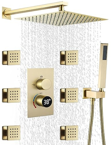 BEITH Shower System Concealed, 12in/16in Square Shower Set with LED Digital Display, Wall-mounted Shower Mixer Set, SUS 304 Stainless Steel Shower Head, 6 50x50mm Massage Nozzle, Brass Body