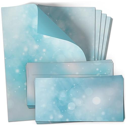 10 Briefpapier mit Briefumschlag Set | Blau Hellblau Türkis Wolken | Papier und Umschlag mit Design-Motiv bedruckt | 90 g/m²