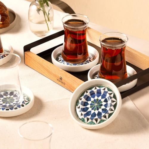 Karaca Roman 12-Piece Ceramic Tea Set 10 cm - Elegant Tea Service Set with 6 Tea Glasses and 6 Tea Plates for Stylish Tea Drinking and Enjoyment - Timeless Design
