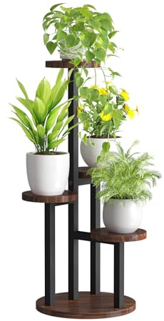 Bamworld Porta piante da interno in metallo 4 ripiani in legno - Fioriera a più livelli per vasi da esterno e interno, scaffale verticale per piante, portavasi salvaspazio per arredo giardino e casa