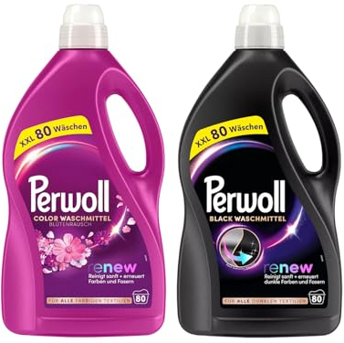 PERWOLL Flüssig-Set 2x 80 Waschladungen (160WL) 1x Black & 1x Color Blütenrausch, Feinwaschmittel-Set reinigt sanft und erneuert Farben und Fasern, mit Dreifach-Renew-Technologie
