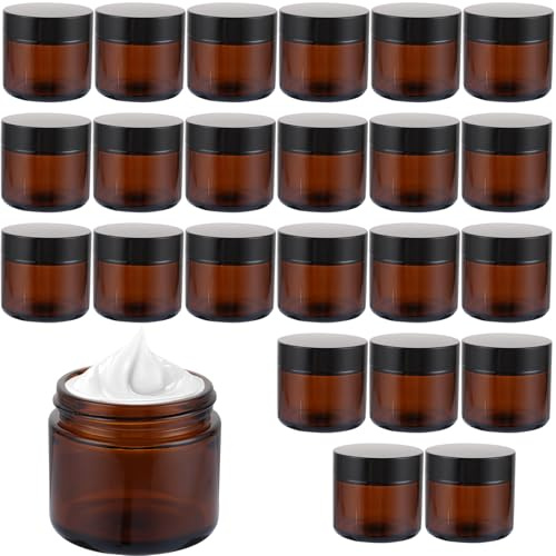 ZOFUN 25 stycken krämburkar för fyllning 60 ml, bärnsten glas, tomburk, salvburkar, kosmetikabehållare, glas tomburk med lock och foder för kosmetika