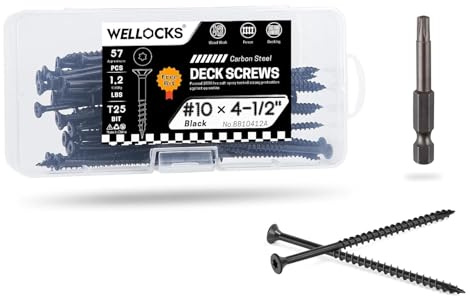 WELLOCKS Deck Screws 4-1/2, Wood Screws #10×4-1/2, Black 57 PCS, Superior Rust Resistant, Epoxy Coated, Above 1000 Hour Salt Spray Coating T25 Torx Star Bit Included for Outdoor Wood Fence