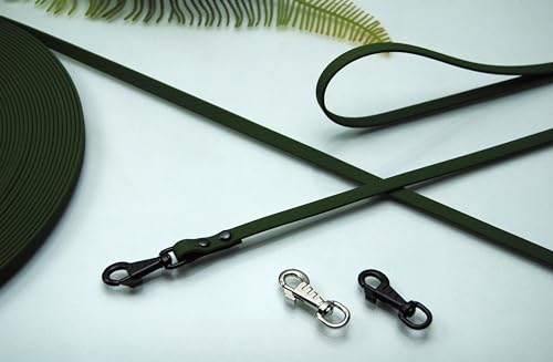 Petite Soft-Vinyl Hundeleine10mm Oliv-Grün abwischbar Schleppleine Gummi Welpen (15m mit Schlaufe, Karabiner: Deluxe Silber)
