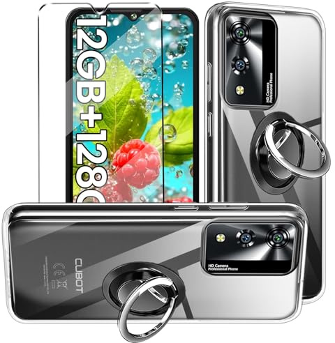 HuiYouMY 3-in-1 Case + Phone holder Ring Compatible with CUBOT A10 Cover with 1 Pack Tempered Glass Screen Protector for CUBOT A10, Slim Fit Soft TPU Shockproof Anti-Scratch Phone Case Cover - Clear