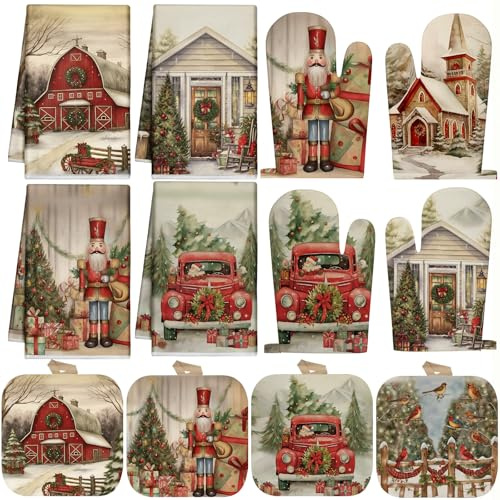 SiliFine 12-teiliges Weihnachts-Küchenzubehör-Set, Nussknacker-Stil | Weihnachtliche Küchentücher, 4 Topflappen, 4 Ofenhandschuhe, roter LKW, Vintage-Küchendekorationen für Urlaub, Backen