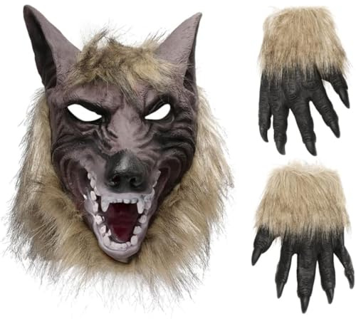 1 Satz Wolf handschuh Maske Gruselige Wolf Maske mit Klauen Handschuhen Halloween Werwolf Kostüm Set Mit Latex Pfote, für Fasching Karneval Halloween Kostüm