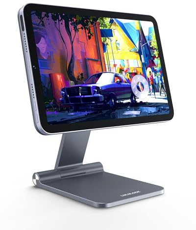 LULULOOK Foldable Magnetic Stand for iPad mini 7/Mini 6 8.3inch, Gray | Aircraft-Grade Aluminum, with Rotating Base, Strong Magnetic Adsorption，Foldable Tablet Desk Stand for Drawing for Viewing