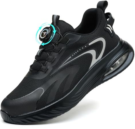 AEKYIWL Arbeitsschuhe Herren Damen Sicherheitsschuhe Leicht Sportliche Atmungsaktiv Schnürsenkel Ohne Binden Drehverschluss Stahlkappenschuhe Schwarz, 44 EU