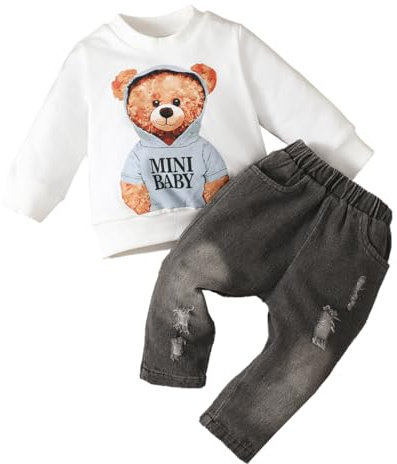 LUVCES Abbigliamento Bambino Set Manica lunga Stampata Felpa Top + Denim Strappati Jeans Pantaloni 2 Pezzi Autunno Primavera Vestiti Outfit 6-24 Mesi