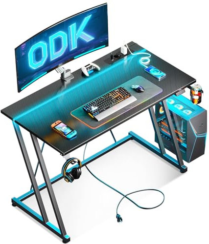 ODK 100 × 50 cm Gaming Tisch mit LED & Steckdose, Gaming Schreibtisch mit Becherhalter und Kopfhörerhaken, Doppel-Z-Rahmen-Design Kleiner Computertisch, Carbon Fiber Schwarz