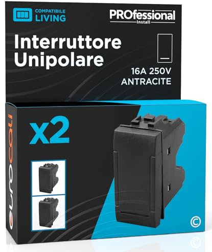 Interruttore Unipolare di Corrente 16A 250V Compatibile con BTicino Livinglight a Incasso da Muro Frutti Elettrici Colore Antracite - Confezione da 2