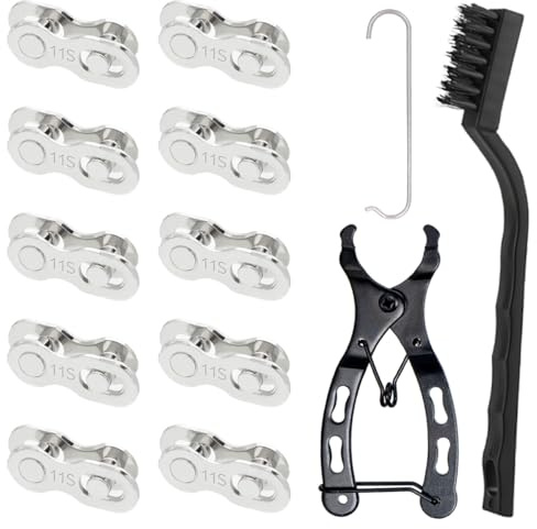 GATSUZG 10 Pcs 11 Speed Bicycle Missing Link Reusable Steel Bike Chain Master Links Silver Quick Release Bicycle Chain for Mountain Bikes, with Tool, Cleaning Brush