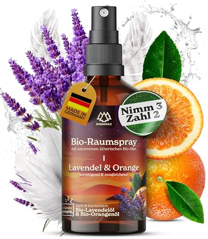 NORDHOLZ® Lavendel & Orangenspray – BIO-Raumspray Orange – Natürlicher Raumduft für Kissen, Wohnräume & Schlafzimmer mit 100% naturreinem ätherischem BIO-Orangenöl – Kissenspray