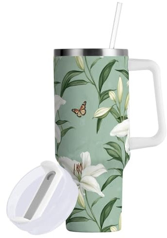 FRODOTGV Aesthetic - Vaso térmico al vacío con tapa y popote, botella de agua de 887 ml con correa, reutilizable, taza de café grande para senderismo, deportes, campamento