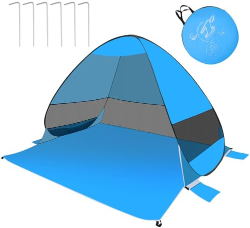 Strandmuschel Pop Up, 200 * 165 * 137 cm 3-4 Personen Automatische Instant Pop Up Strandzelt mit Tragetasche UV-Schutz 50+ Windschutz Wasserdichtes Sonnenzelt für Familie, Garten, Camping (Blau)