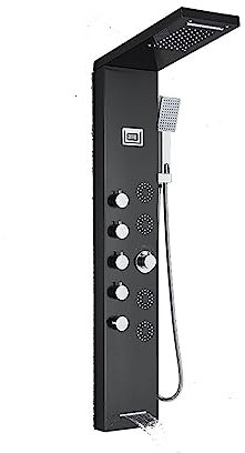 Colonne de Douche, Colonne de panneau de douche ， Robinet mitigeur à jets de massage ， Pluie de lumière bleue à grand écran et pommeau de douche cascade en acier inoxydable ,pour salle de bains(Black
