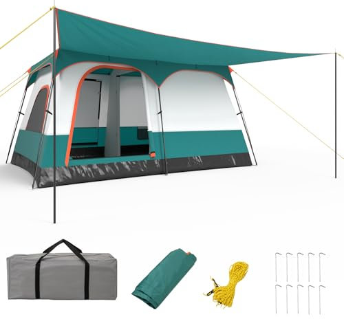 GOPLUS Familienzelt für 4-10 Personen mit Vorzelt, Campingzelt groß mit 2 Zimmern, Abnehmbarem DoppelDach, mit Windseil, Bodenspieß und Tragetasche, Tunnelzelt für Camping (380 x 260 x 190 cm)