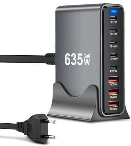 ARCELI USB C Ladegerät 635W 8-Port, GaN III Ladestation, USB c Charger mit 5 x USB-C PD + 3 x USB-A QC4.0, Schnellladegerät für Phone 16/15/14 Pro Max, Samsung Galaxy, MacBook, Pad, Laptop