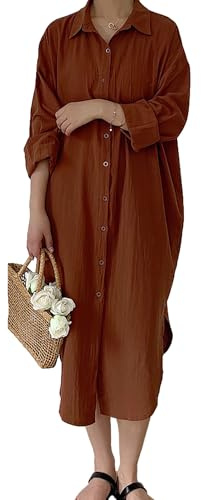 amropi Mujer Maxi Botones Camisa Vestido Suelto Manga Larga Blusa Cuello en V Casual Camisetas con Cinturón Marrón, L