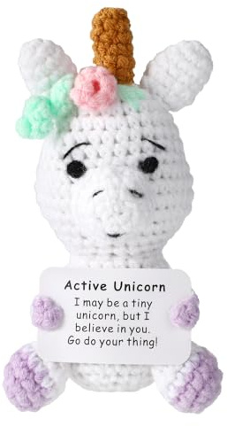 TOYMIS Positives Einhorn, 13cm Handgemachte Einhorn-Puppe zur Positiven Unterstützung Süße Häkelpuppe mit Einer Motivationskarte Ermutigungsgeschenk