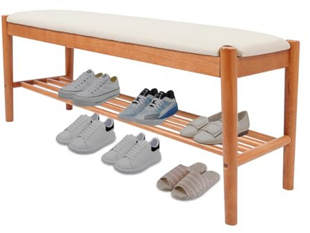 HOMEONENIC Zapatero de 2 niveles, 93 x 23 x 40 cm, banco para zapatos con cojín, banco de hasta 200 kg, color cereza, color madera