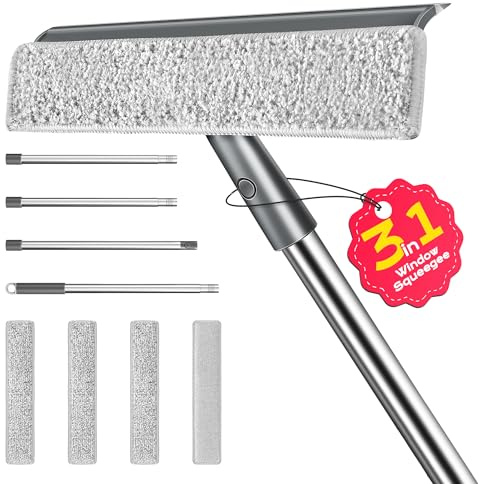 Window Squeegee for Home, Window Cleaner Tool with Extension Pole, Squeegee for Window Cleaning with 3 Microfiber Cloths and Screen Brush, Window Cleaning Kit for Car Windshield, Shower Glass Doors
