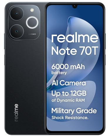 realme Note70T Unlocked Android Mobile Phone 4+128GB Octa-Core Smartphone, 15W PD 6000mAH Battery, Android 15 Dual SIM-FREE 4GB RAM, 6.75‘ Display, AI Features & AI Camera 2Years Warranty, Black