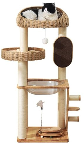 SXYCKRUI Kratzbaum aus Massivholz, Moderner Kratztonne mit Raumkapsel, Kratzbäumen, Handgewebten Betten und Spielzeugen, Mehrstöckiges Möbel-Aktivitätszentrum