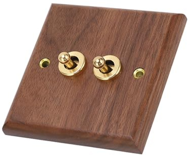 Aramox Interruptor de Luz Doble Nogal 86x88mm | Accesorio, instalación en pared, madera de nogal y latón, decoración del hogar