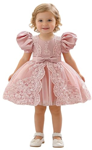 Zaldita Vestito da Battesimo Bimba Neonata con Fiocco Maniche Corte a Sbuffo Abito Elegante da Principessa Tutu in Tulle per Festa di Compleanno Matrimonio Cerimonia B Rosa 3-6 Mesi