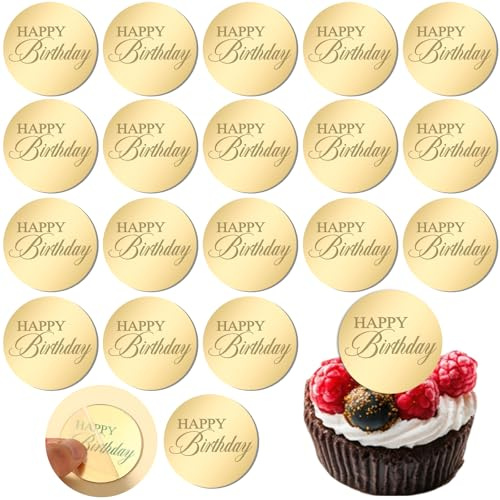 20pcs Gold Happy Birthday Cupcake Toppers Mirror Acrylic Happy Birthday Cake Toppers Decoration Circle Round Engraved Cake Picks For Birthdays Anniversary Party Decorations