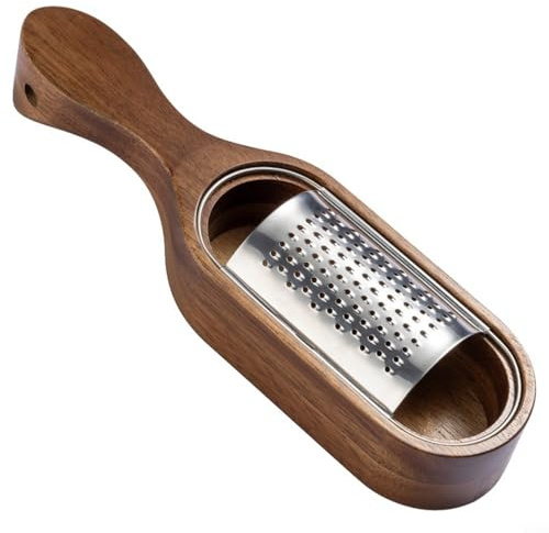 NINMORTH Wooden Cheese Grater with Stainless Steel and Acacia Box, Kitchen Gadget for Shredding Cheese, Brown 24.7cm(Handle)