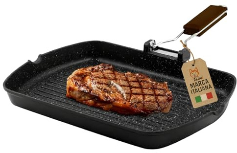 AKITAInk Bistecchiera in Alluminio Pressofuso Antiaderente Quadrata e Rettangolare, Ideale per Carne, Verdure e Grigliate, Compatibile con Induzione, 26x36 cm
