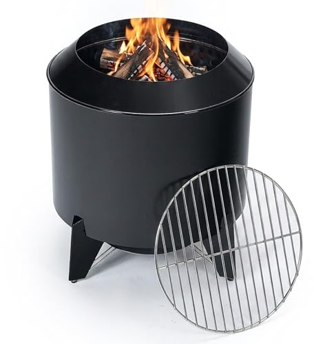 Relaxdays Braciere senza fumo, 2 in 1 con griglia, acciaio, HxØ: 46x52 cm, smaltato, focolare a bassa emissione, nero