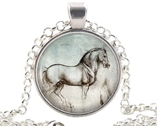 Leonardo da Vinci Horse Necklace Pendant, Silver Jewellery, Unique Animal Art Drawing Gifts for Women