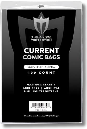Max Protection Max Pro Current Comic Bags - Archival Quality Acid-Free Storage for Comic Books - Crystal Clear 2 mil Polypropylene - 6-7/8x10-1/2 Protection - (100 Bags)