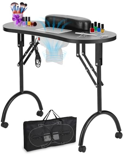 LEIBOU Professional Folding Portable Vented Beauty Manicure Table Nail Desk Salon Spa with Fan &Bag (35''x 16''x 28'') (Black)