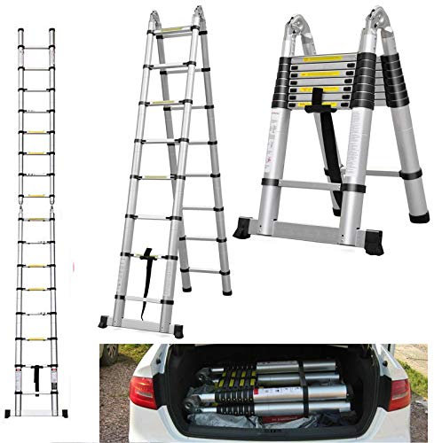 Escabeau télescopique de 5 m, pliable, rétractable, droit/type A, polyvalent, capacité de 150 kg, EN131, portable, facile à ranger, pour maison, voyage, bureau, décoration