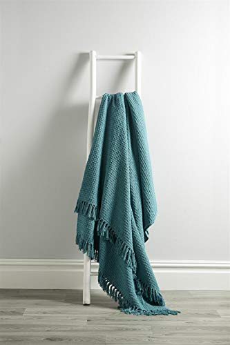 Olivia Rocco Lisbon Throw 100% Cotton Plain Honeycomb Sofa Bed Chair Cover Throws Tasselled Decorative Blanket, 127 x 152 cm (50 x 60) Teal
