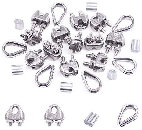 Swpeet - Set di accessori per fune metalliche M2 (1/16), con morsetto per fune metallica M2, in acciaio INOX M2, manicotto in alluminio da 2 mm, perfetto per cavo metallico da 1/8 (M2)