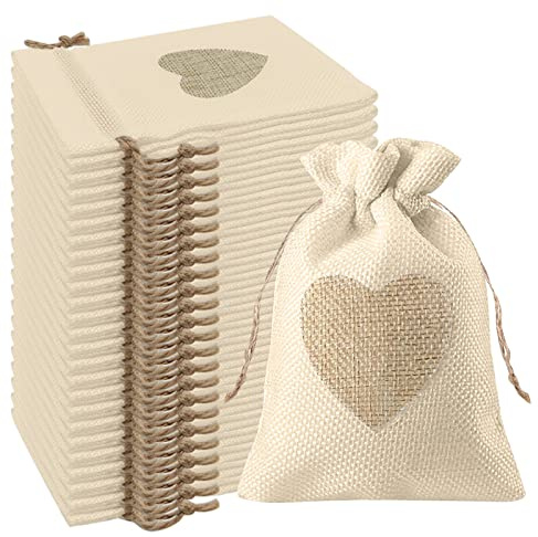 VEGCOO 24 Stück Herzbeutel aus Jute, 10 x 14 cm, für Dragees, Hochzeit, für Süßigkeiten, Geschenke, Taufe, Geburtstag, Weihnachten, klein (beige)
