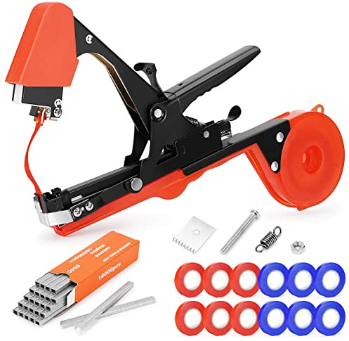 Pflanzenbindemaschine, Tapetool Tapener mit 12 Rollen Bändern, 1 Box Heftklammern und 1 Ersatzklinge für Gemüse, Traube, Tomaten, Gurken, Pfeffer, Blumen, Obst und Gemüse (rot)