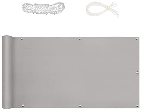 LIUWEIE Balkon Sichtschutz Balkonverkleidung 140x850cm Für Balkongeländer, Terrasse & Garten Balkonsichtschutz Mit Ösen und Kordel, Hellgrau